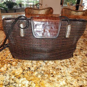 Brighton shoulder bag, brown weave with embossed panel, silver accents13X8"